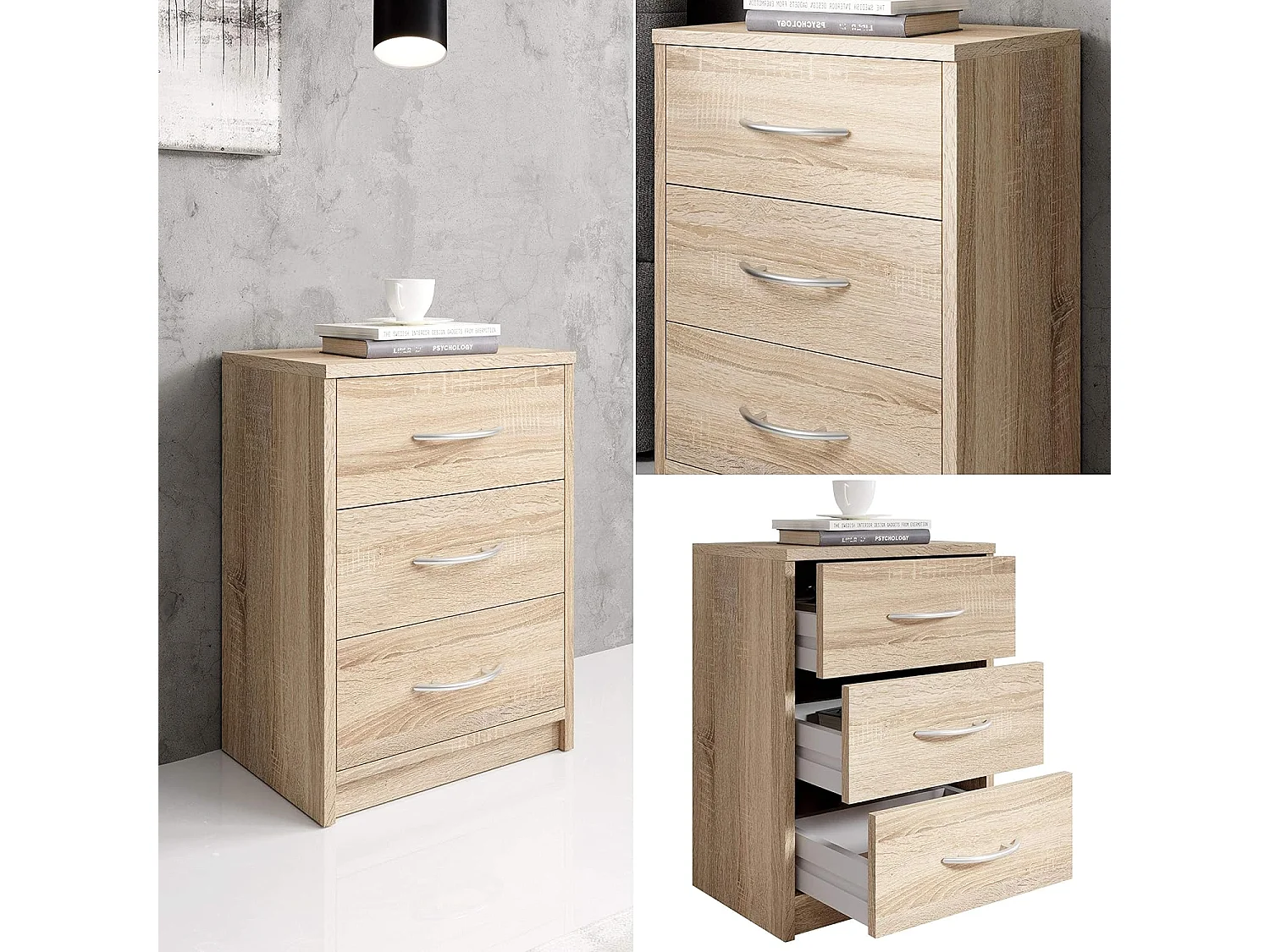 Mesilla de noche en acabado roble Sonoma, sencilla, con 3 cajones, adecuada para cualquier dormitorio, 39 x 54 x 28 cm (ancho x alto x fondo)