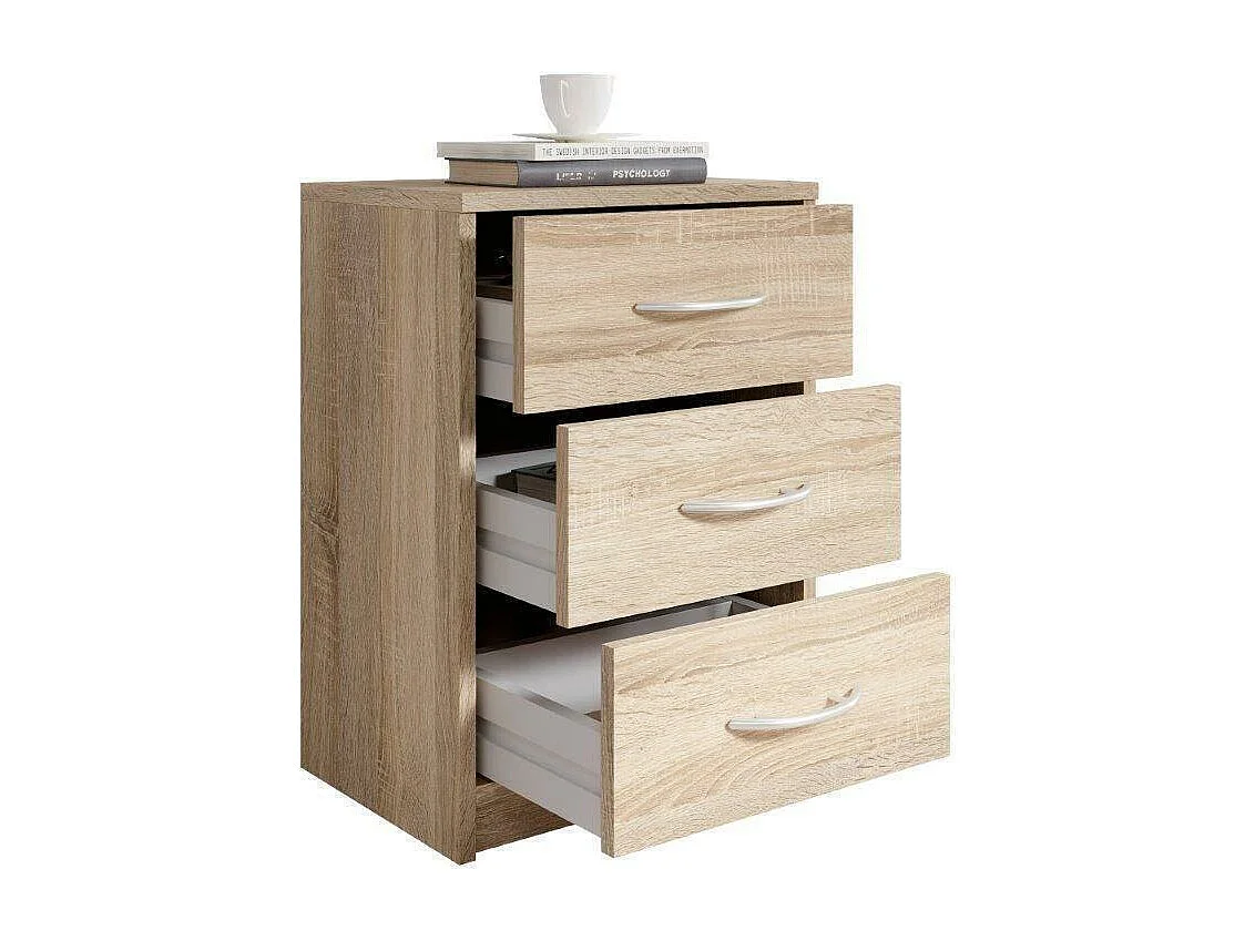 Mesilla de noche en acabado roble Sonoma, sencilla, con 3 cajones, adecuada para cualquier dormitorio, 39 x 54 x 28 cm (ancho x alto x fondo)