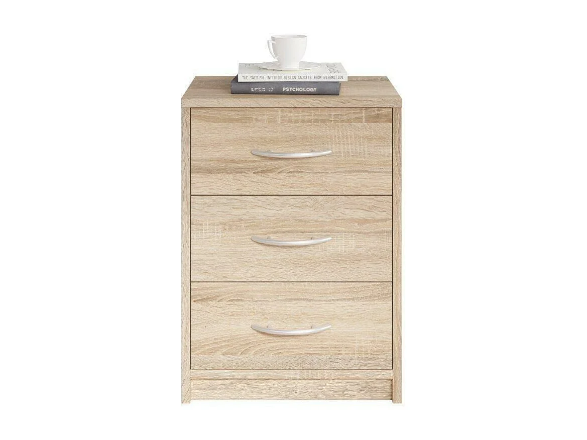 Mesilla de noche en acabado roble Sonoma, sencilla, con 3 cajones, adecuada para cualquier dormitorio, 39 x 54 x 28 cm (ancho x alto x fondo)