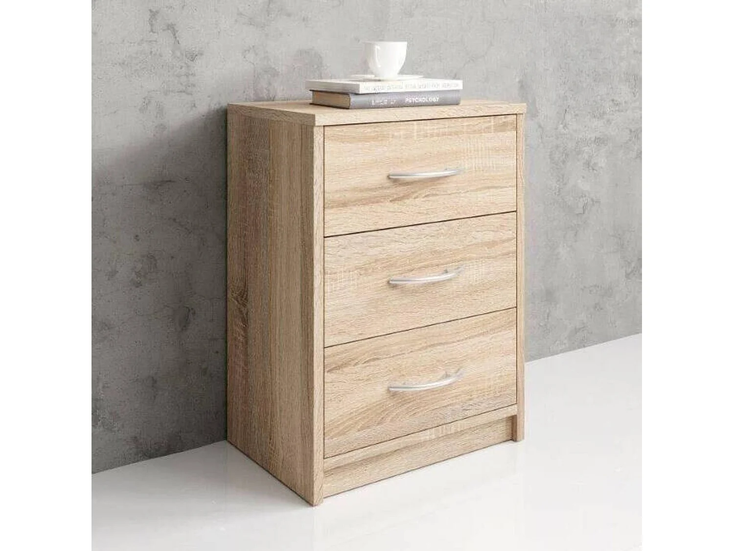 Mesilla de noche en acabado roble Sonoma, sencilla, con 3 cajones, adecuada para cualquier dormitorio, 39 x 54 x 28 cm (ancho x alto x fondo)