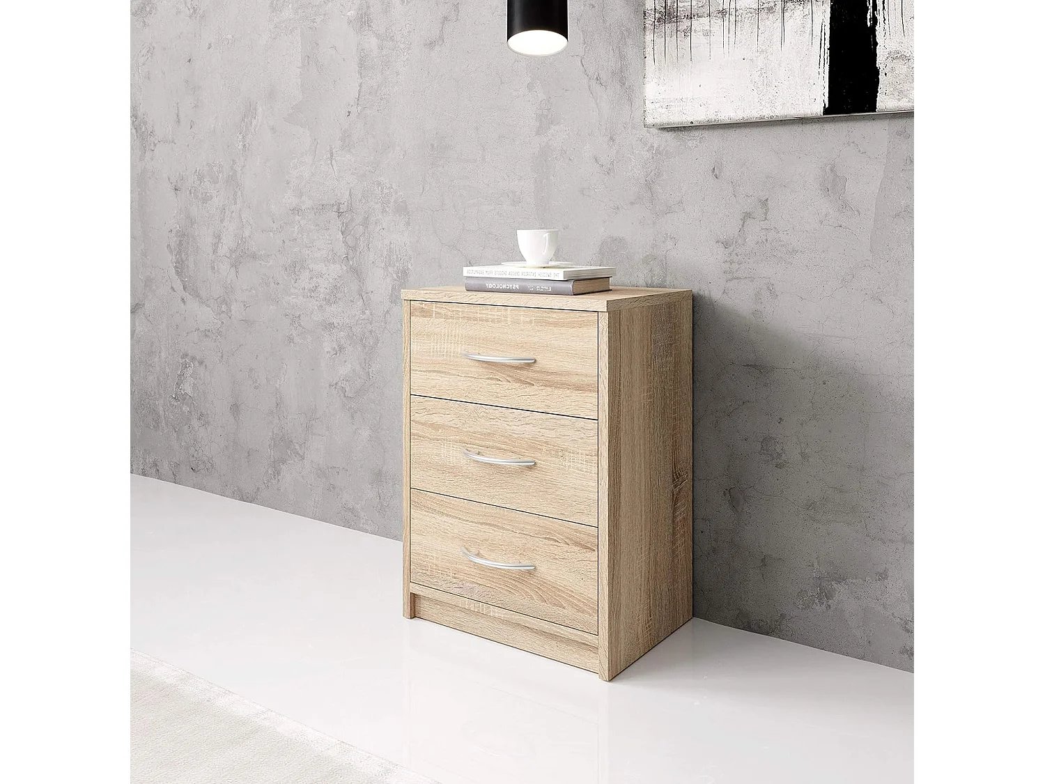 Mesilla de noche en acabado roble Sonoma, sencilla, con 3 cajones, adecuada para cualquier dormitorio, 39 x 54 x 28 cm (ancho x alto x fondo)