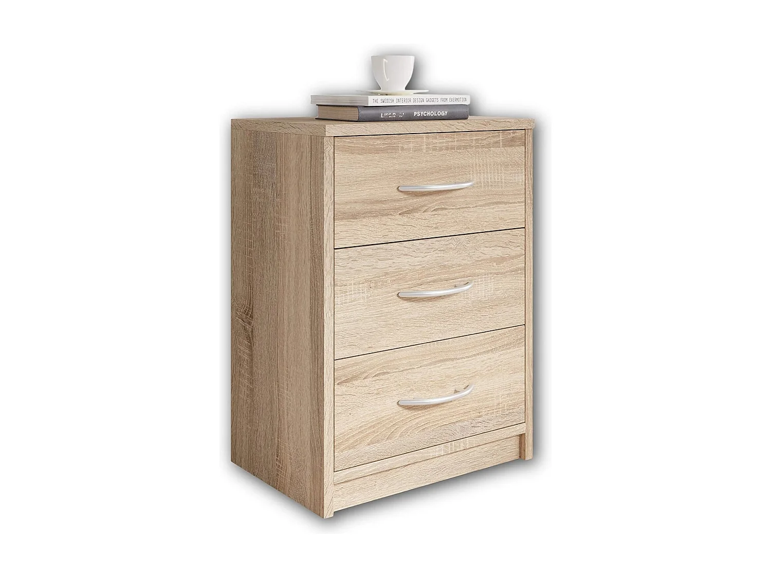 Mesilla de noche en acabado roble Sonoma, sencilla, con 3 cajones, adecuada para cualquier dormitorio, 39 x 54 x 28 cm (ancho x alto x fondo)