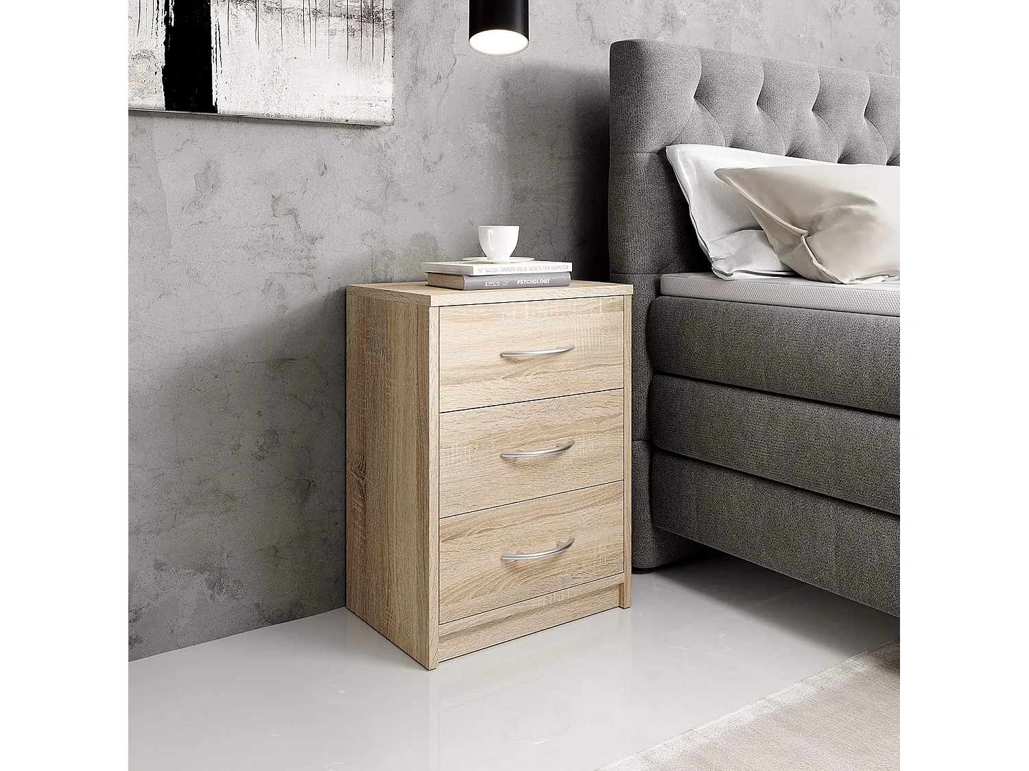 Mesilla de noche en acabado roble Sonoma, sencilla, con 3 cajones, adecuada para cualquier dormitorio, 39 x 54 x 28 cm (ancho x alto x fondo)