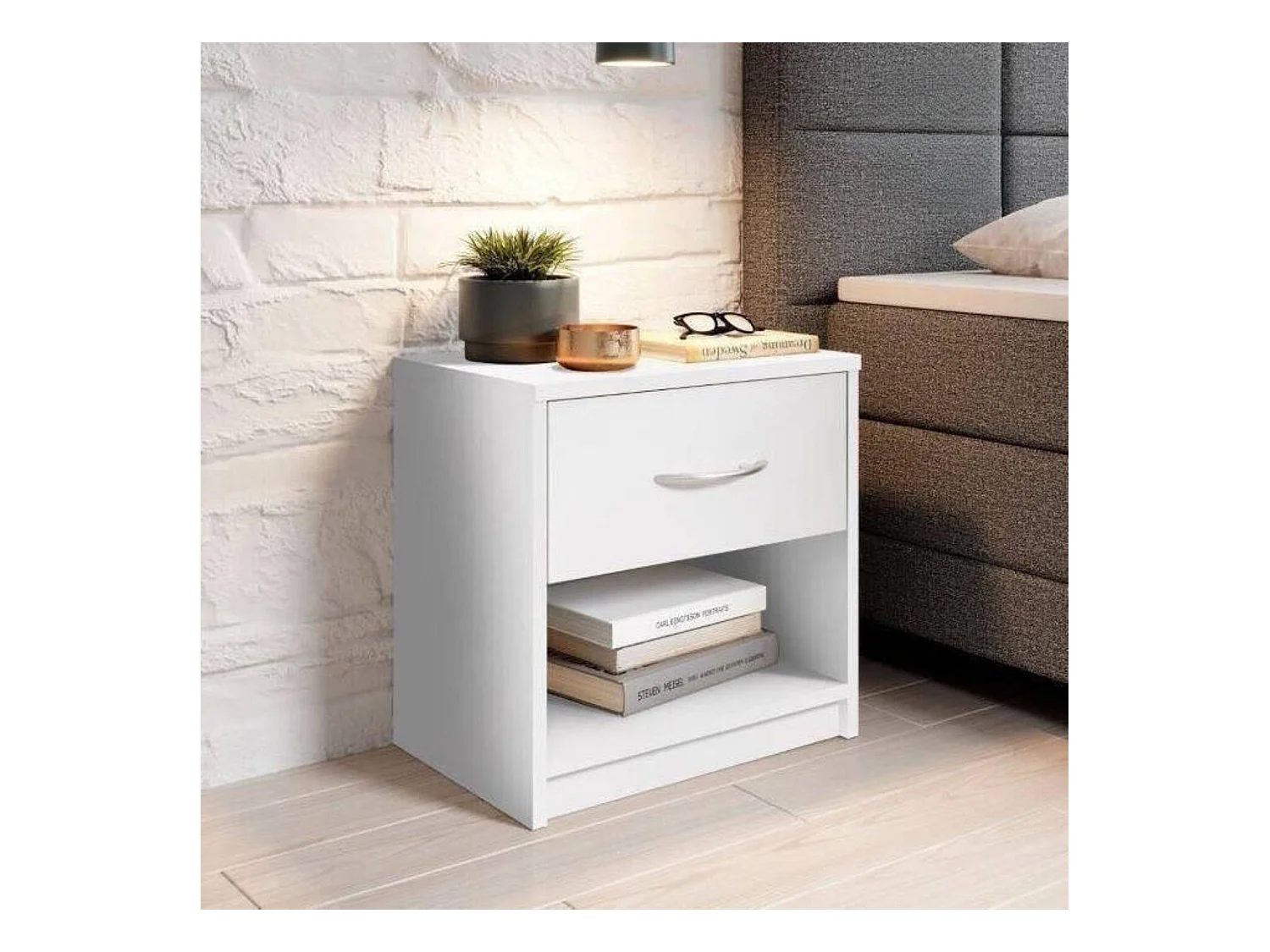 Mesita de noche sencilla con un cajón adecuada para cualquier cama y dormitorio, Color Blanco, 38,5 x 28 x 39,5 cm (ancho x fondo x alto)