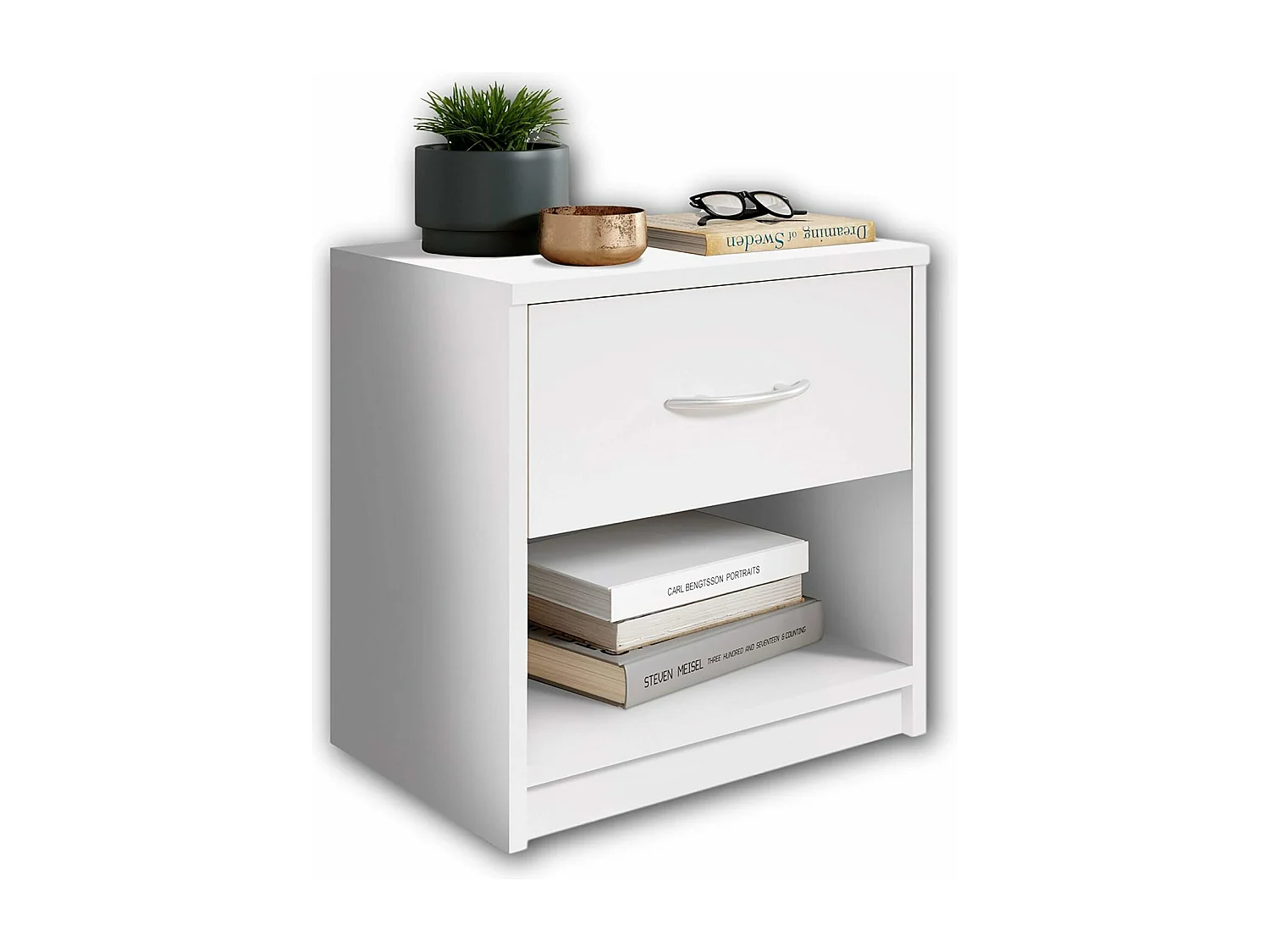 Mesita de noche sencilla con un cajón adecuada para cualquier cama y dormitorio, Color Blanco, 38,5 x 28 x 39,5 cm (ancho x fondo x alto)