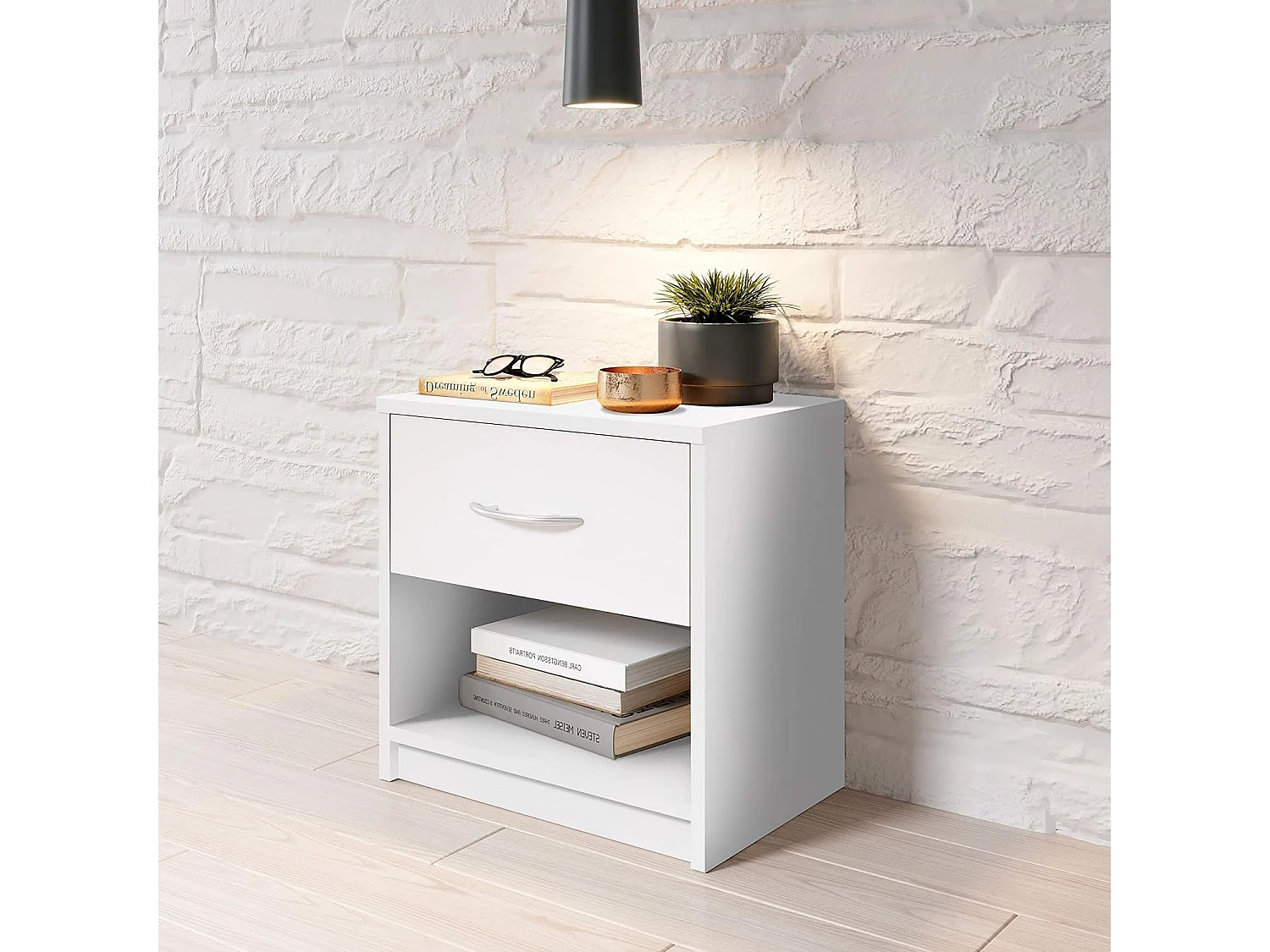 Mesita de noche sencilla con un cajón adecuada para cualquier cama y dormitorio, Color Blanco, 38,5 x 28 x 39,5 cm (ancho x fondo x alto)