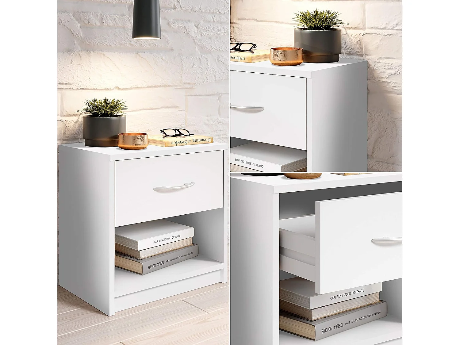 Mesita de noche sencilla con un cajón adecuada para cualquier cama y dormitorio, Color Blanco, 38,5 x 28 x 39,5 cm (ancho x fondo x alto)