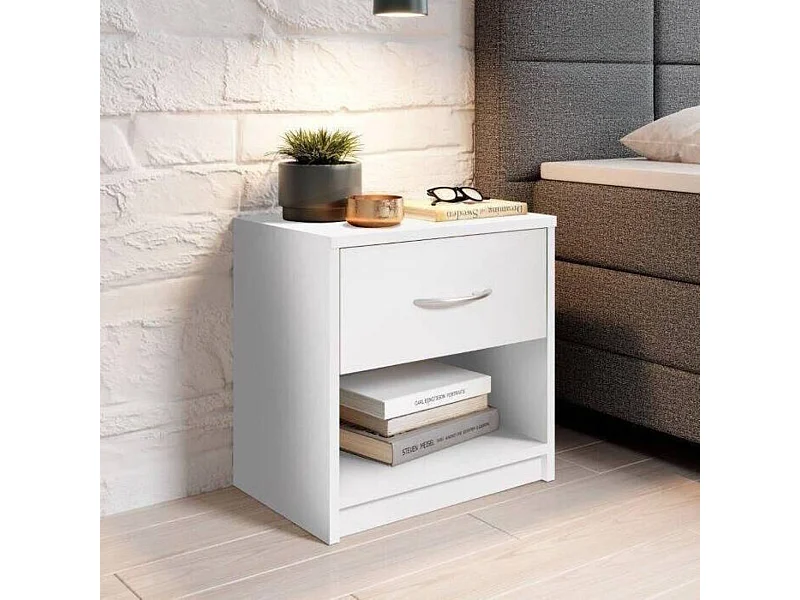 Mesita de noche sencilla con un cajón adecuada para cualquier cama y dormitorio, Color Blanco, 38,5 x 28 x 39,5 cm (ancho x fondo x alto)