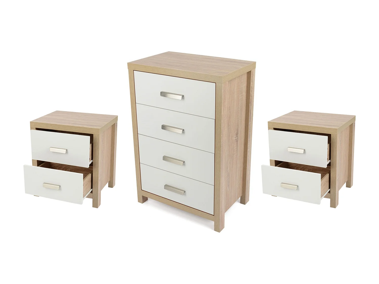 Conjunto Dormitorio Sinfonier + 2 mesillas de Noche, Color Cambria Y Frentes de CajÓn En Color Blanco