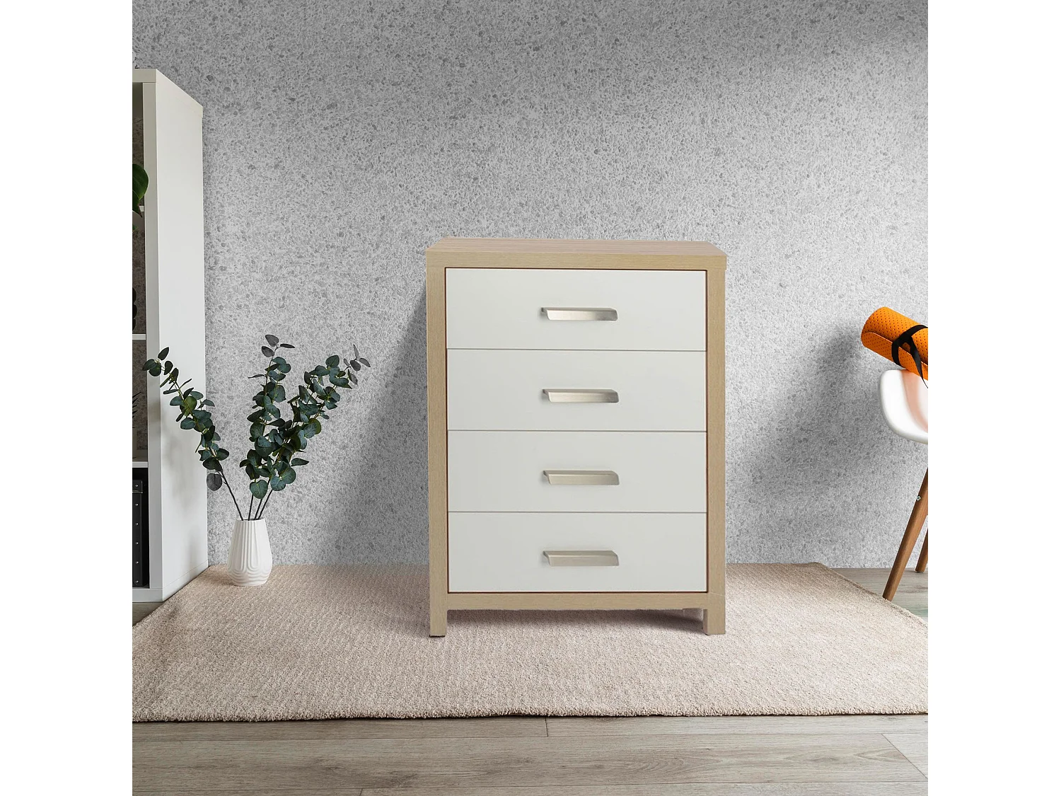 Conjunto Dormitorio Sinfonier + 2 mesillas de Noche, Color Cambria Y Frentes de CajÓn En Color Blanco