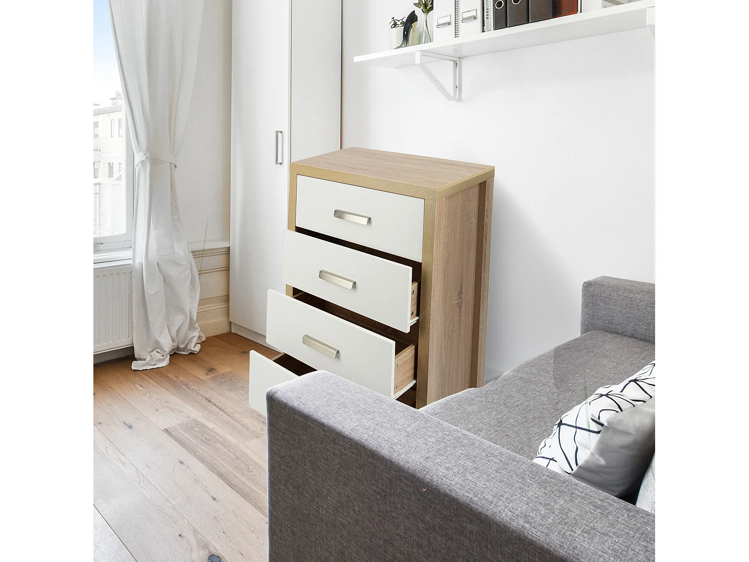 Conjunto Dormitorio Sinfonier + 2 mesillas de Noche, Color Cambria Y Frentes de CajÓn En Color Blanco