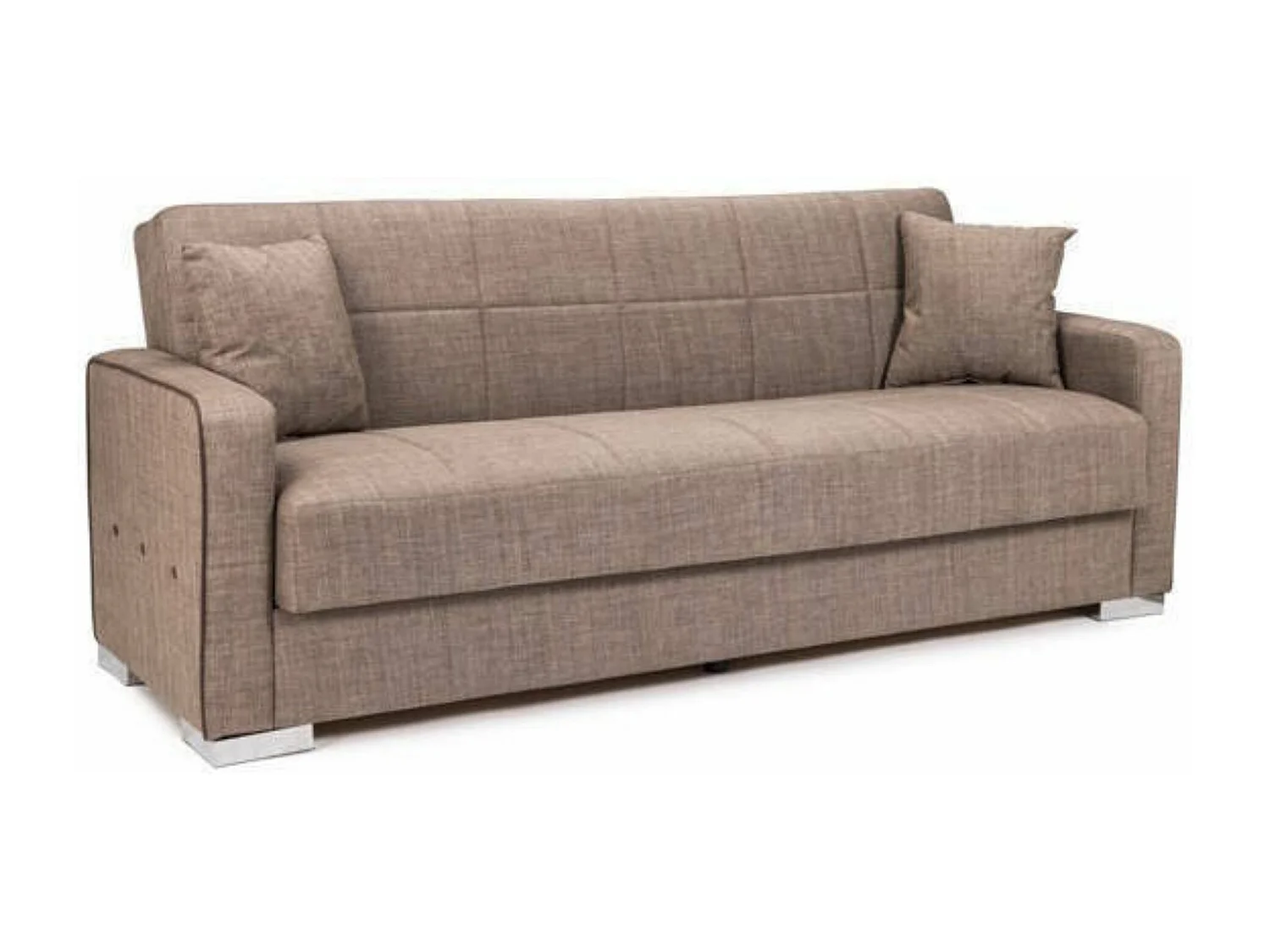 Sofá Cama Tapizado en Tela Marrón Chocolate con Muelles en Asiento y Respaldo – Patas Metálicas en Acabado Cromo, Medidas Cerrado: 220x85x90 cm