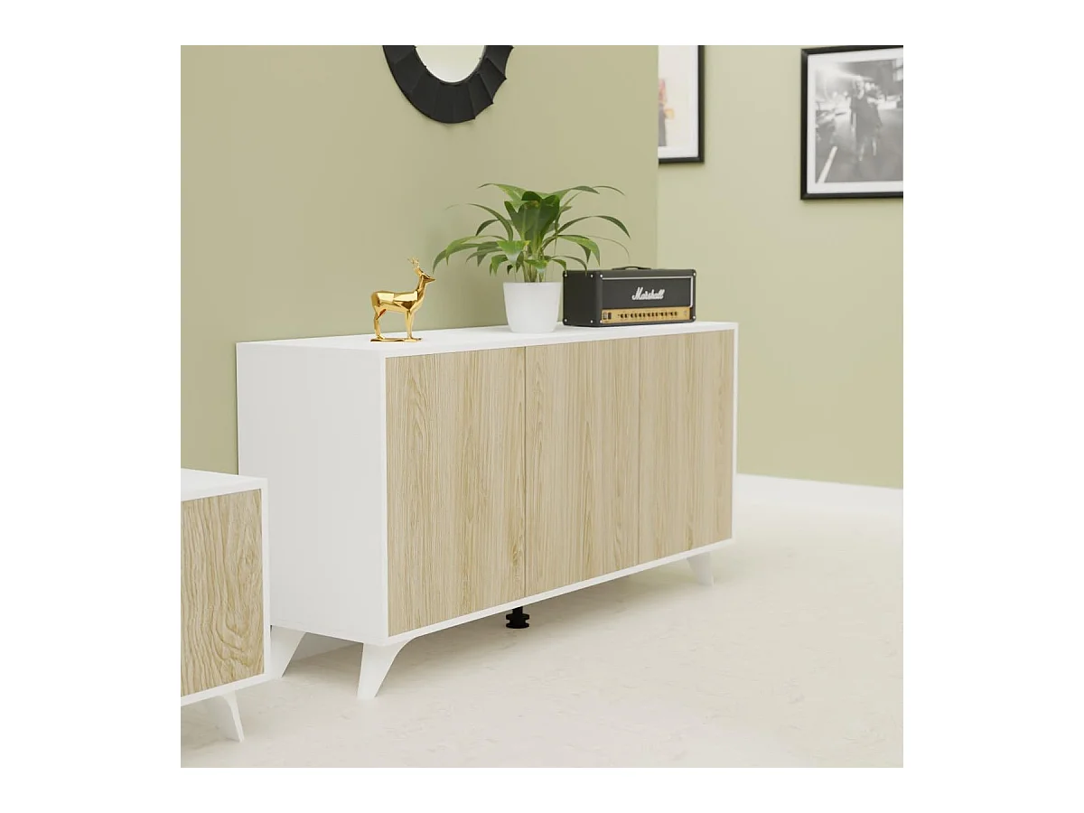 Meyvaser Aparador, Buffet, Salón Comedor 3 Puertas, Armario Auxiliar Color Blanco y Roble, Medidas: 138 cm x 70 x 39,5