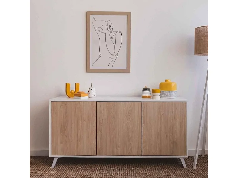 Meyvaser Aparador, Buffet, Salón Comedor 3 Puertas, Armario Auxiliar Color Blanco y Roble, Medidas: 138 cm x 70 x 39,5