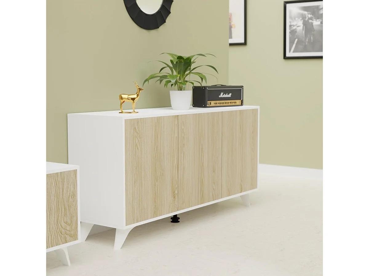 Meyvaser Aparador, Buffet, Salón Comedor 3 Puertas, Armario Auxiliar Color Blanco y Roble, Medidas: 138 cm x 70 x 39,5