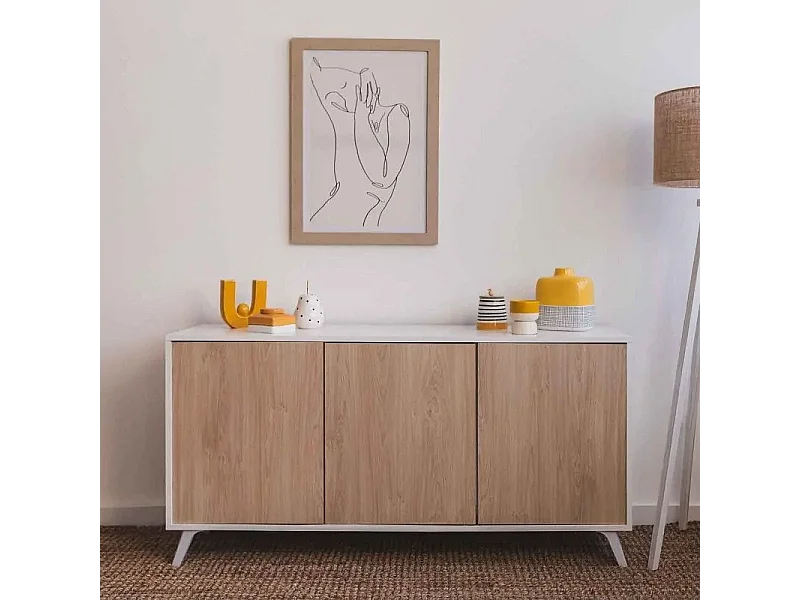 Meyvaser Aparador, Buffet, Salón Comedor 3 Puertas, Armario Auxiliar Color Blanco y Roble, Medidas: 138 cm x 70 x 39,5