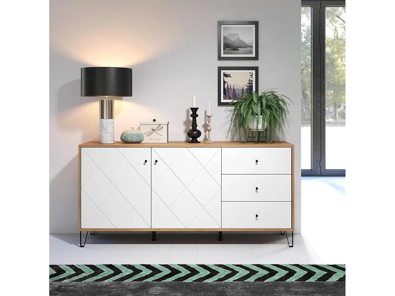 Aparador Moderno | 2 Puertas y 3 Cajones con Relieves Geométricos | Laminado Sintético y DM | Patas Metálicas Color Negro | Roble y Blanco Mate