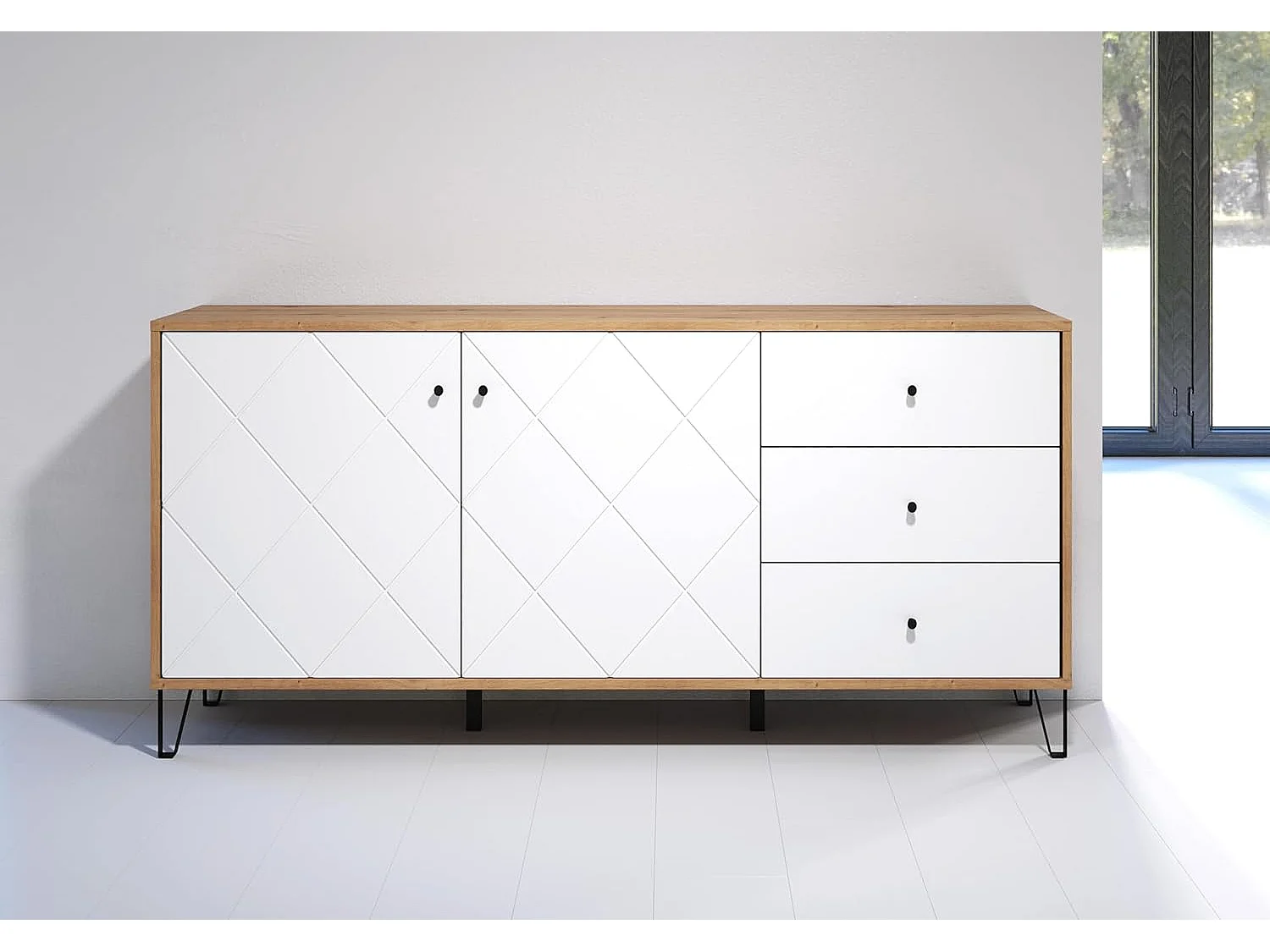 Aparador Moderno | 2 Puertas y 3 Cajones con Relieves Geométricos | Laminado Sintético y DM | Patas Metálicas Color Negro | Roble y Blanco Mate