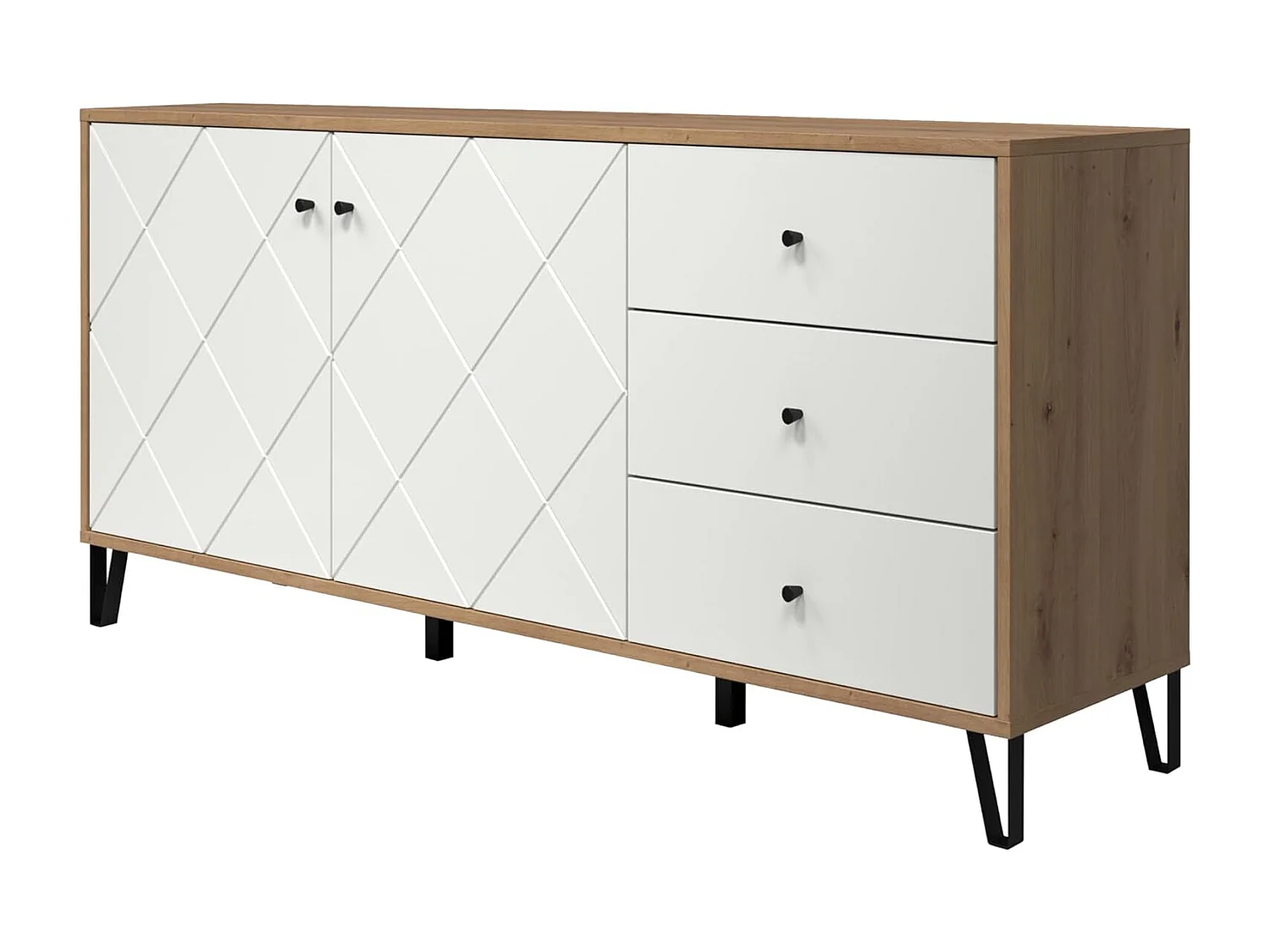 Aparador Moderno | 2 Puertas y 3 Cajones con Relieves Geométricos | Laminado Sintético y DM | Patas Metálicas Color Negro | Roble y Blanco Mate