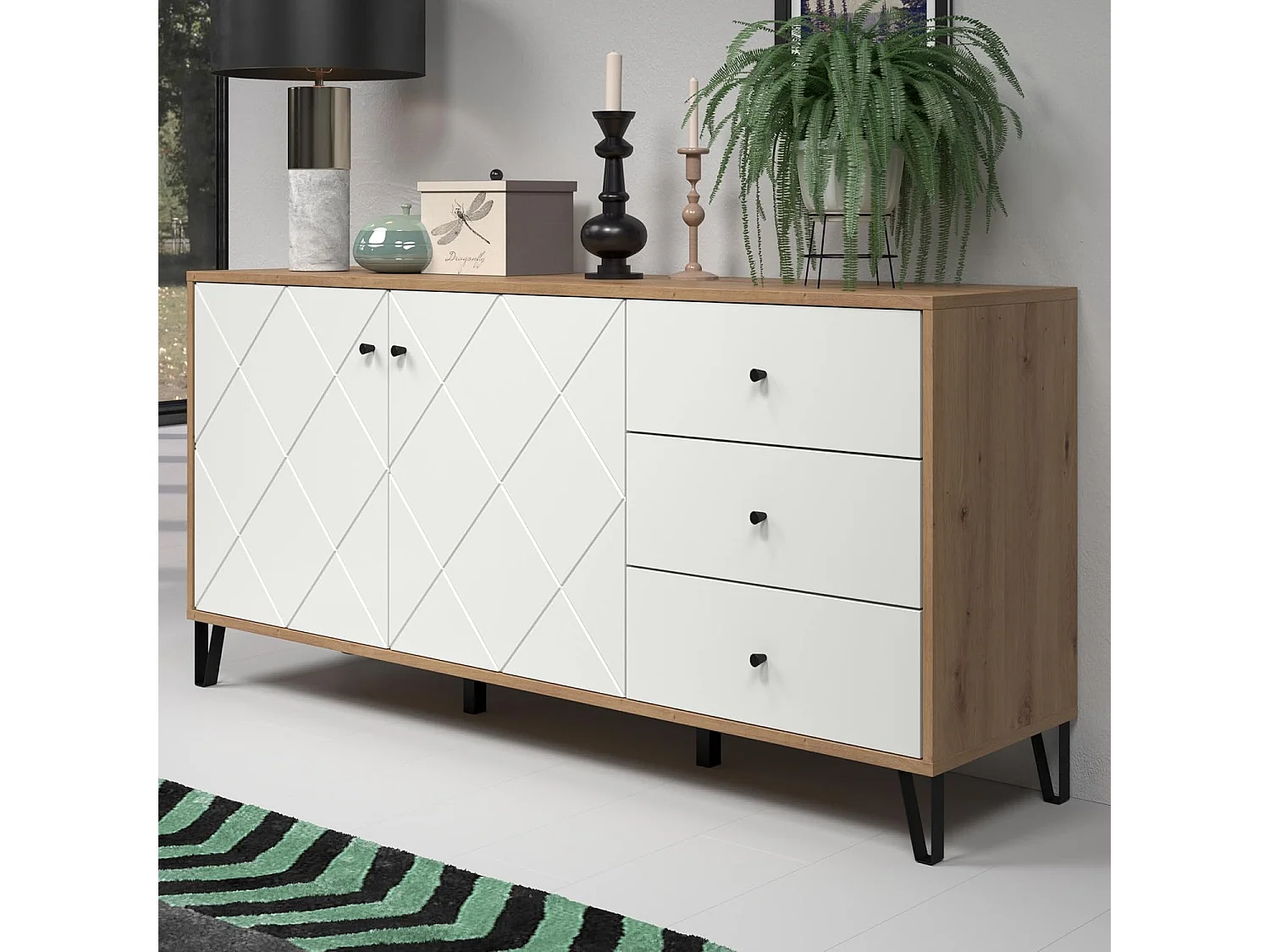 Aparador Moderno | 2 Puertas y 3 Cajones con Relieves Geométricos | Laminado Sintético y DM | Patas Metálicas Color Negro | Roble y Blanco Mate