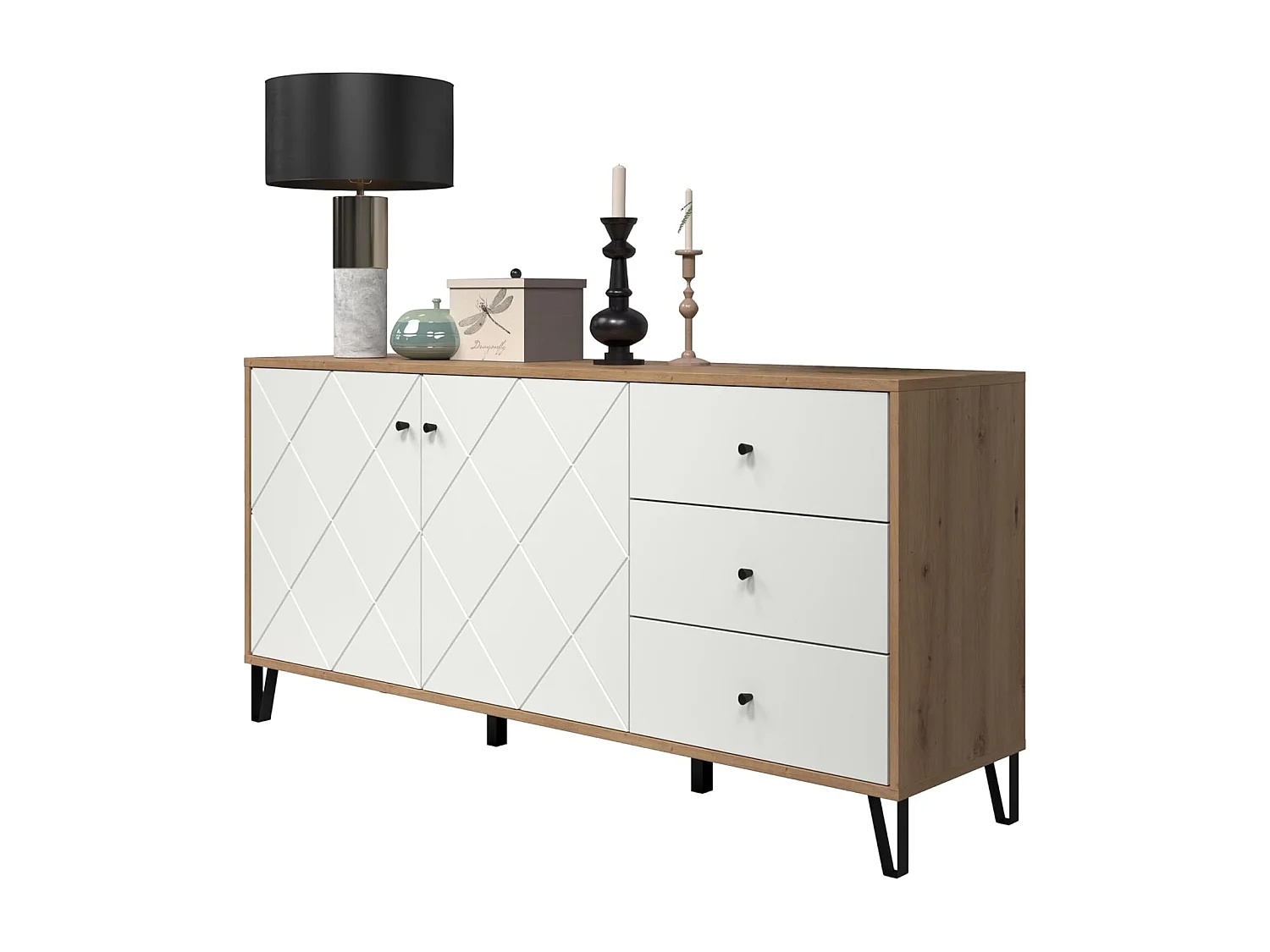 Aparador Moderno | 2 Puertas y 3 Cajones con Relieves Geométricos | Laminado Sintético y DM | Patas Metálicas Color Negro | Roble y Blanco Mate