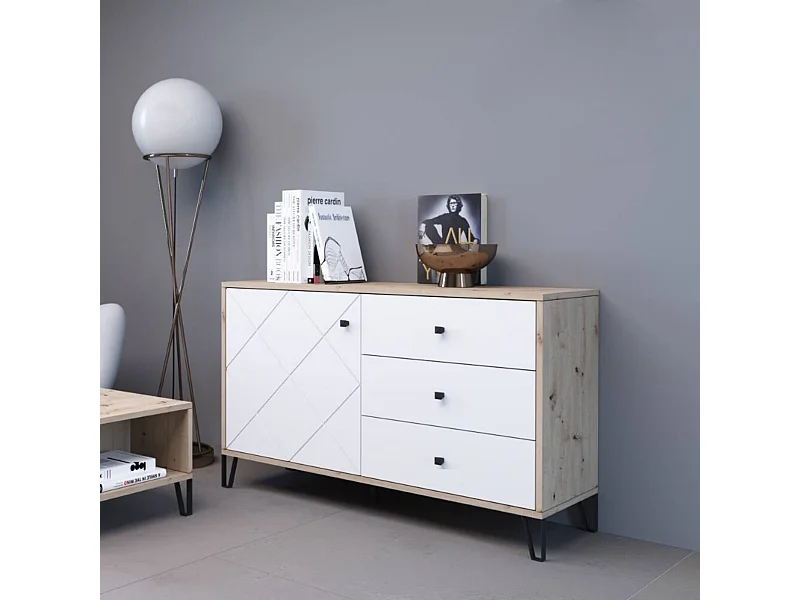 Aparador Moderno | 1 Puerta y 3 Cajones con Relieves Geométricos | Materiales de Laminado Sintético y DM | Patas Metálicas | Roble Artisan  y Blanco