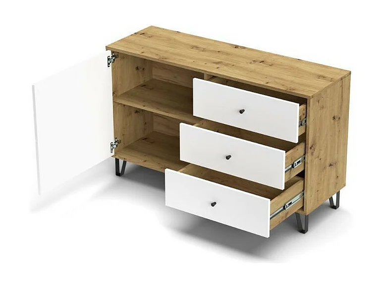 Aparador Moderno | 1 Puerta y 3 Cajones con Relieves Geométricos | Materiales de Laminado Sintético y DM | Patas Metálicas | Roble Artisan  y Blanco