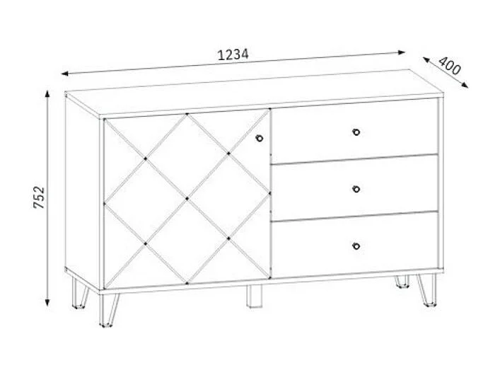 Aparador Moderno | 1 Puerta y 3 Cajones con Relieves Geométricos | Materiales de Laminado Sintético y DM | Patas Metálicas | Roble Artisan  y Blanco