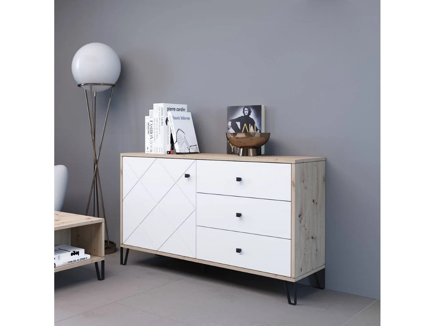 Aparador Moderno | 1 Puerta y 3 Cajones con Relieves Geométricos | Materiales de Laminado Sintético y DM | Patas Metálicas | Roble Artisan  y Blanco