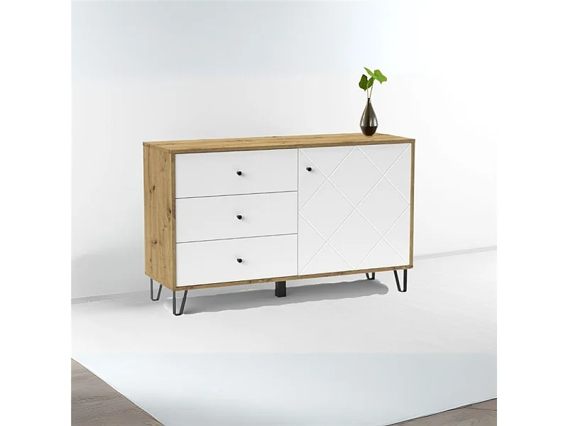 Aparador Moderno | 1 Puerta y 3 Cajones con Relieves Geométricos | Materiales de Laminado Sintético y DM | Patas Metálicas | Roble Artisan  y Blanco