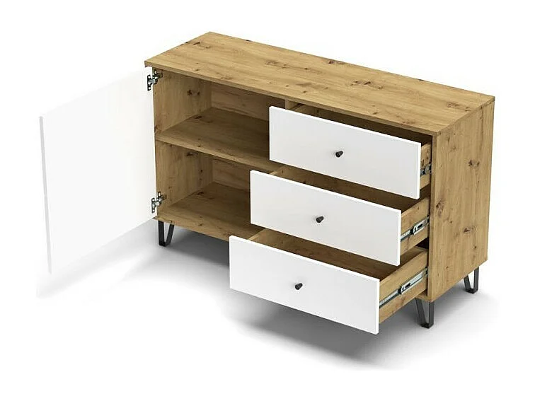 Aparador Moderno | 1 Puerta y 3 Cajones con Relieves Geométricos | Materiales de Laminado Sintético y DM | Patas Metálicas | Roble Artisan  y Blanco