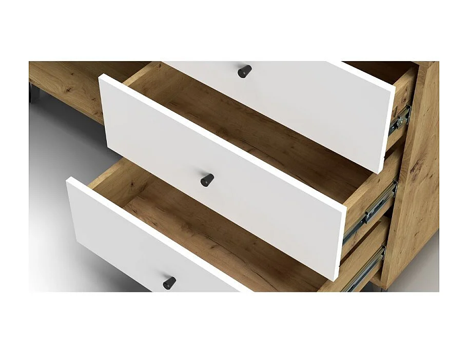 Aparador Moderno | 1 Puerta y 3 Cajones con Relieves Geométricos | Materiales de Laminado Sintético y DM | Patas Metálicas | Roble Artisan  y Blanco