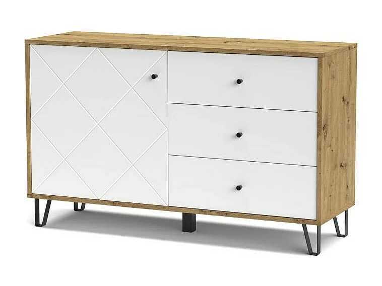 Aparador Moderno | 1 Puerta y 3 Cajones con Relieves Geométricos | Materiales de Laminado Sintético y DM | Patas Metálicas | Roble Artisan  y Blanco
