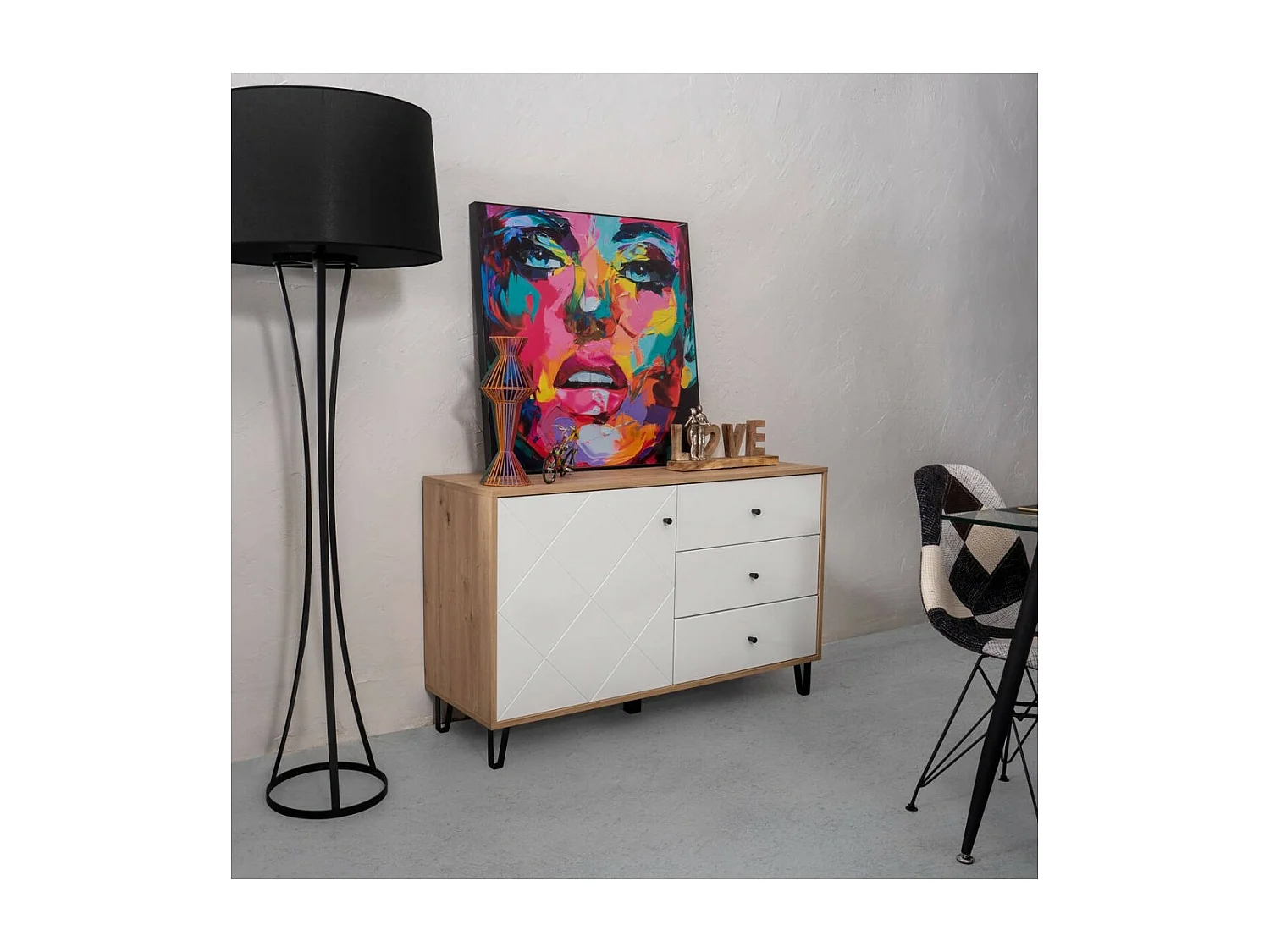 Aparador Moderno | 1 Puerta y 3 Cajones con Relieves Geométricos | Materiales de Laminado Sintético y DM | Patas Metálicas | Roble Artisan  y Blanco