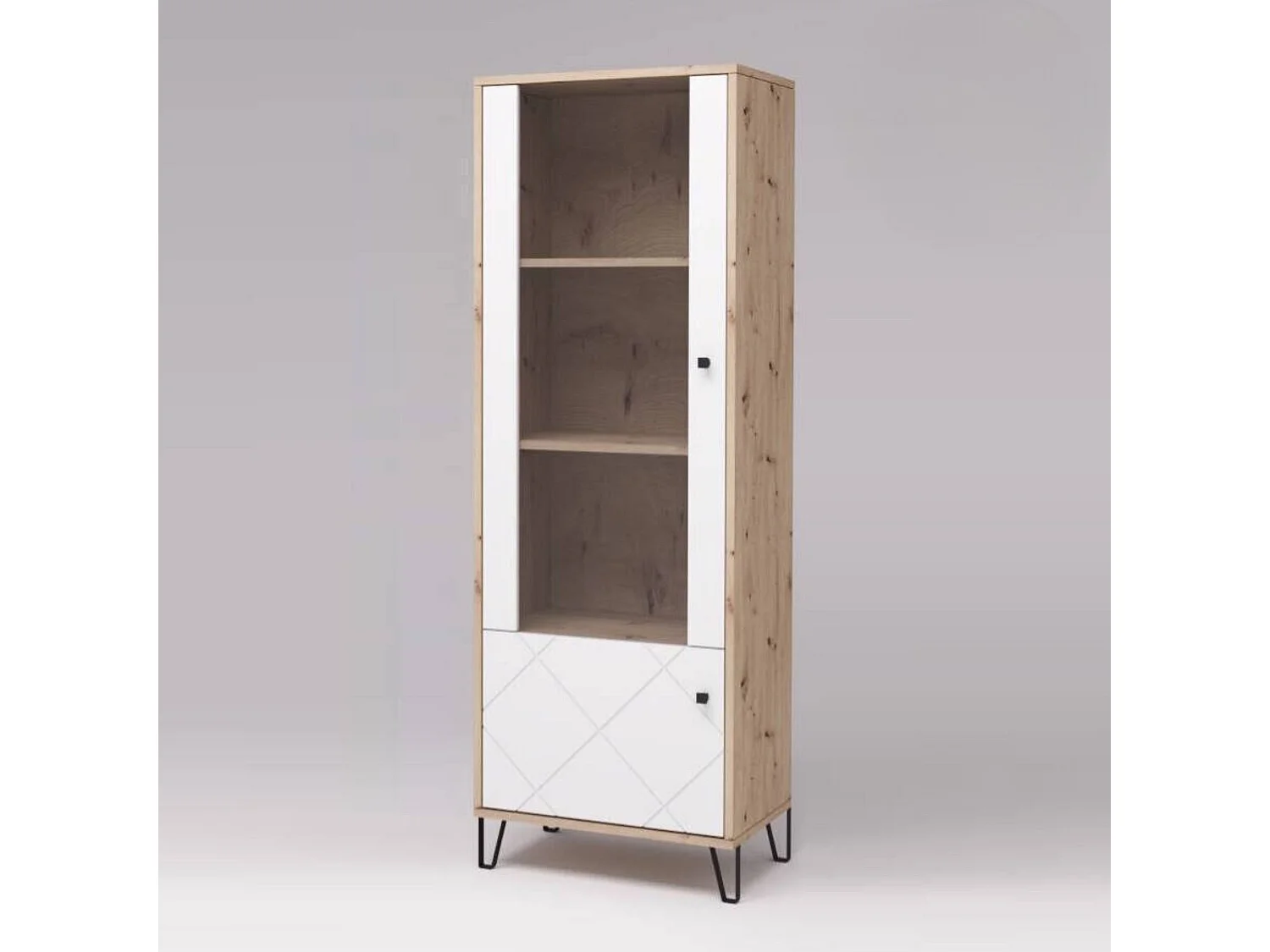 Vitrina Alta | 2 Puertas | Laminado Sintético Color Roble | Frentes en DM Lacado Blanco Mate | Medidas: 170,2 cm Alto x 40 cm Fondo x 68,4 cm Ancho