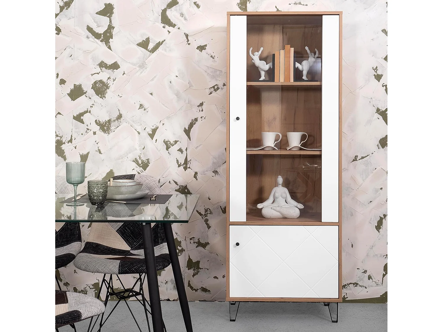 Vitrina Alta | 2 Puertas | Laminado Sintético Color Roble | Frentes en DM Lacado Blanco Mate | Medidas: 170,2 cm Alto x 40 cm Fondo x 68,4 cm Ancho