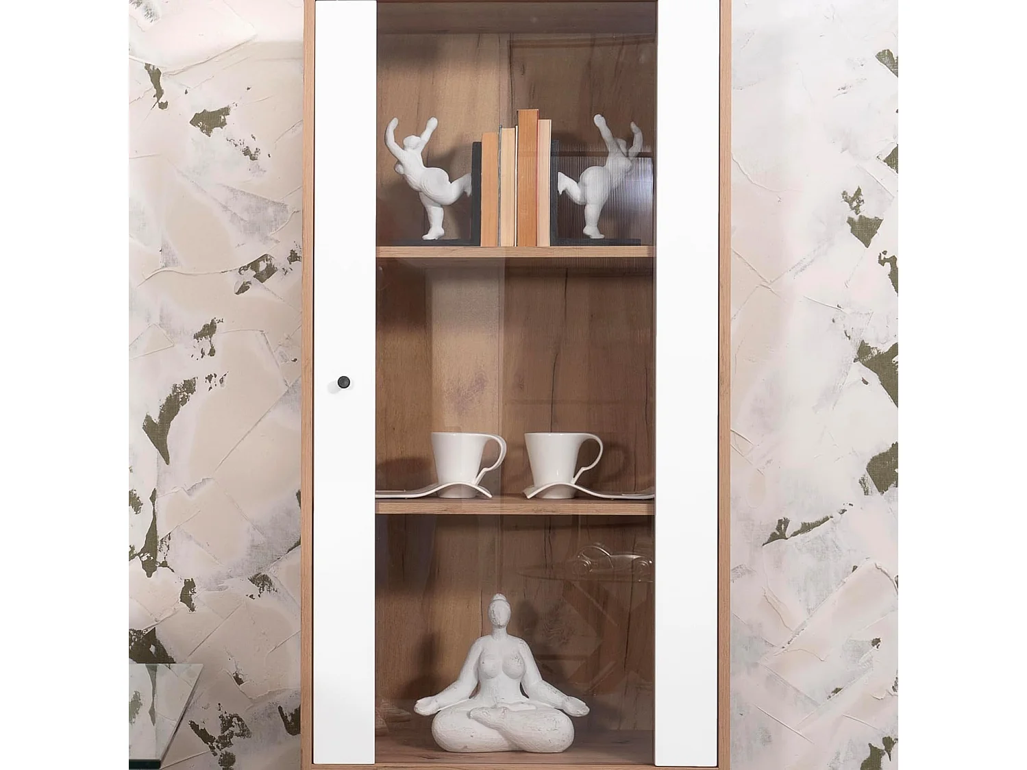 Vitrina Alta | 2 Puertas | Laminado Sintético Color Roble | Frentes en DM Lacado Blanco Mate | Medidas: 170,2 cm Alto x 40 cm Fondo x 68,4 cm Ancho