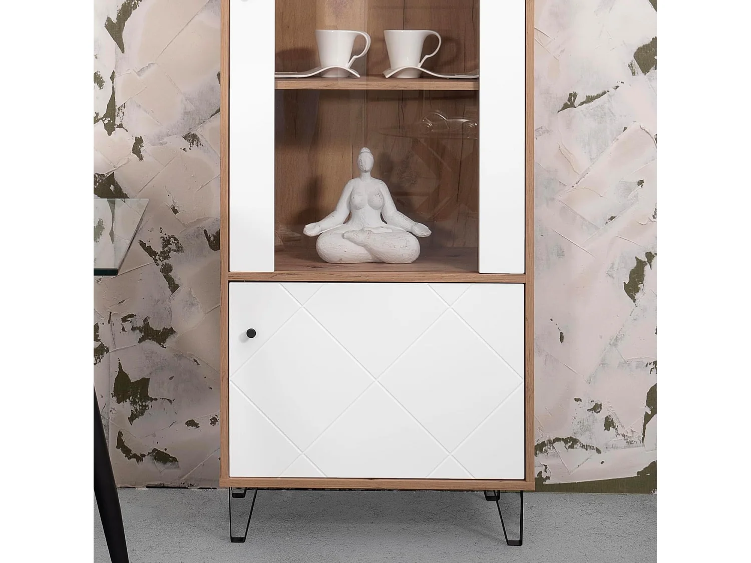 Vitrina Alta | 2 Puertas | Laminado Sintético Color Roble | Frentes en DM Lacado Blanco Mate | Medidas: 170,2 cm Alto x 40 cm Fondo x 68,4 cm Ancho