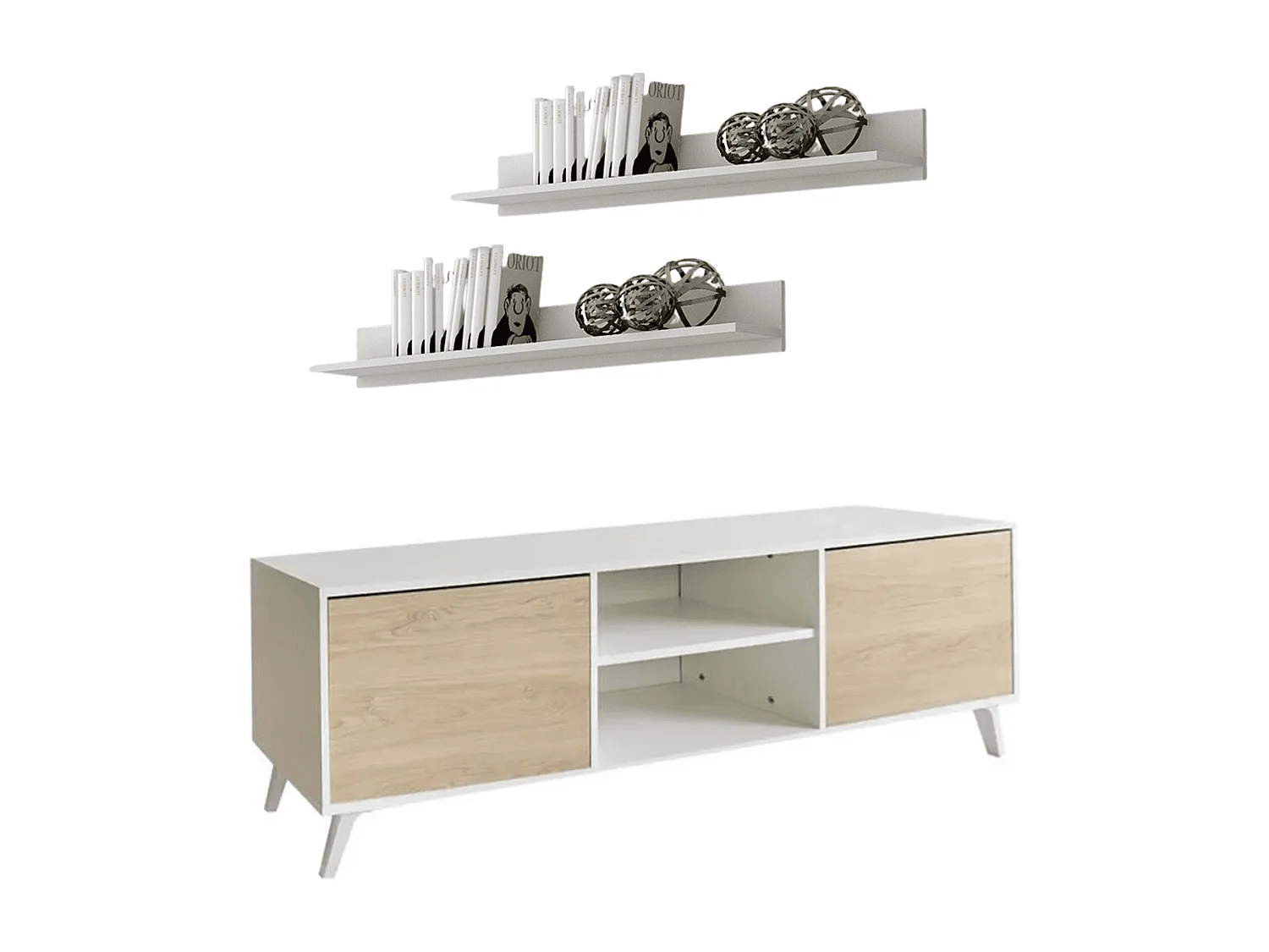 Mueble de TV de Diseño Nórdico + 2 Estantes, 2 Compartimentos de Almacenamiento y 2 Puertas,Cambrian-Blanco, 49cm(Alto) x 180cm (Ancho) x 40cm (Fondo)