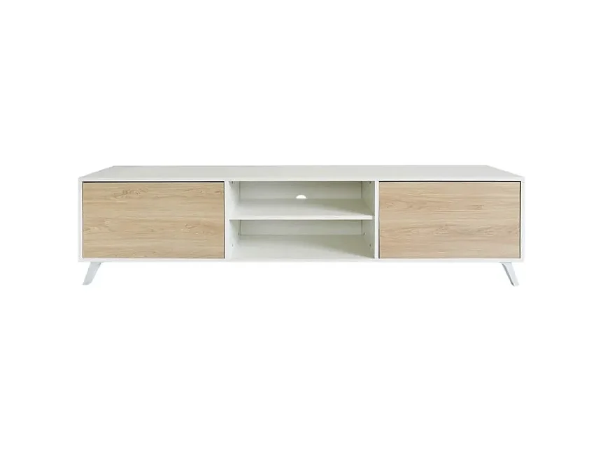 Mueble de TV de Diseño Nórdico + 2 Estantes, 2 Compartimentos de Almacenamiento y 2 Puertas,Cambrian-Blanco, 49cm(Alto) x 180cm (Ancho) x 40cm (Fondo)
