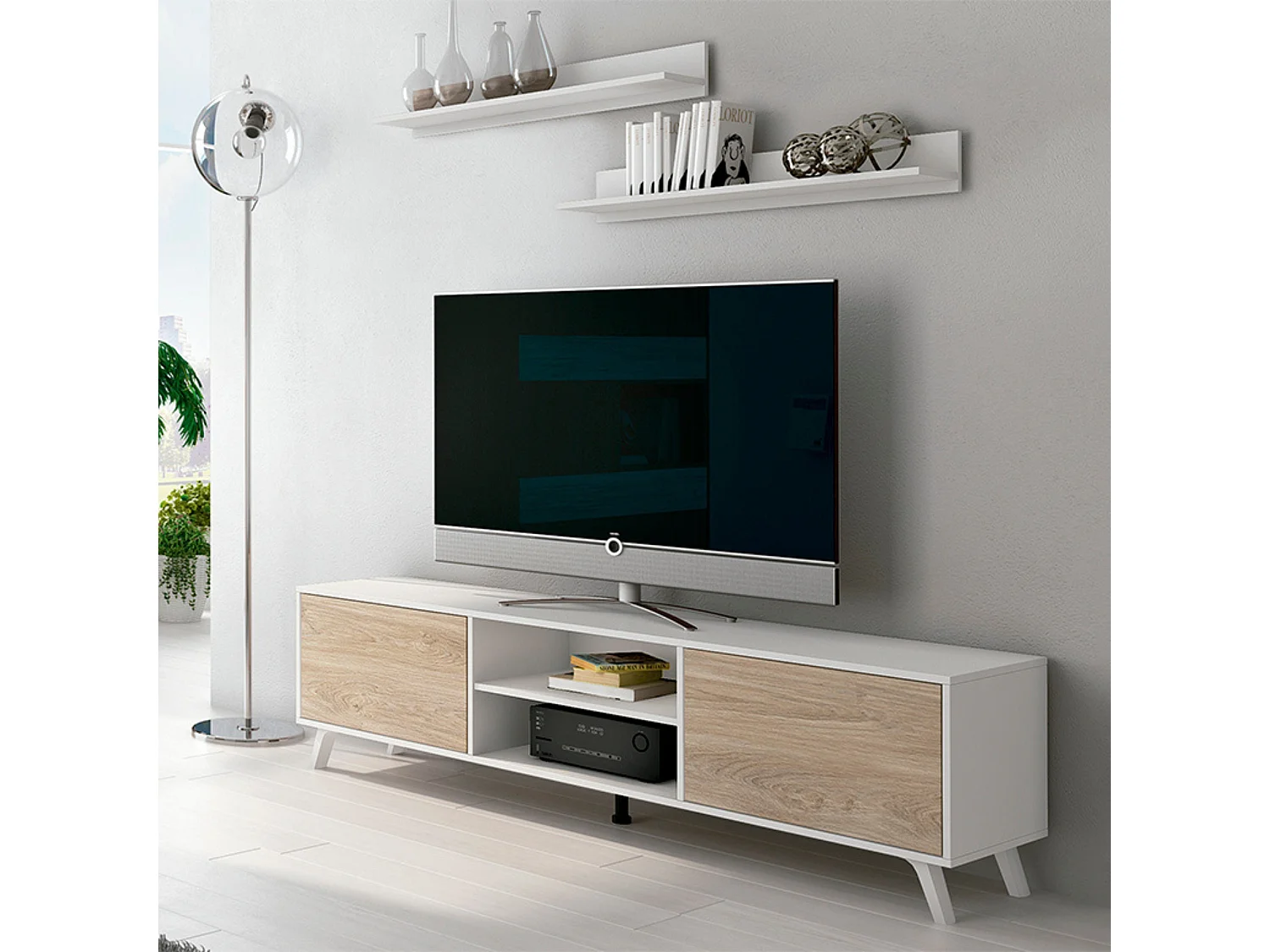 Mueble de TV de Diseño Nórdico + 2 Estantes, 2 Compartimentos de Almacenamiento y 2 Puertas,Cambrian-Blanco, 49cm(Alto) x 180cm (Ancho) x 40cm (Fondo)