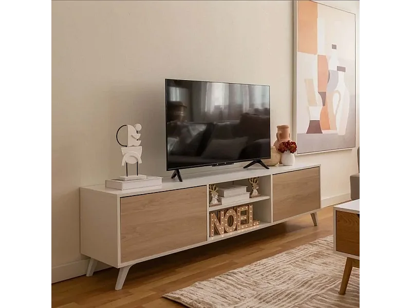 Mueble de TV de Diseño Nórdico + 2 Estantes, 2 Compartimentos de Almacenamiento y 2 Puertas,Cambrian-Blanco, 49cm(Alto) x 180cm (Ancho) x 40cm (Fondo)