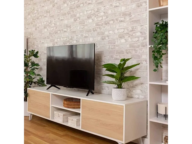 Mueble de TV de Diseño Nórdico + 2 Estantes, 2 Compartimentos de Almacenamiento y 2 Puertas,Cambrian-Blanco, 49cm(Alto) x 180cm (Ancho) x 40cm (Fondo)