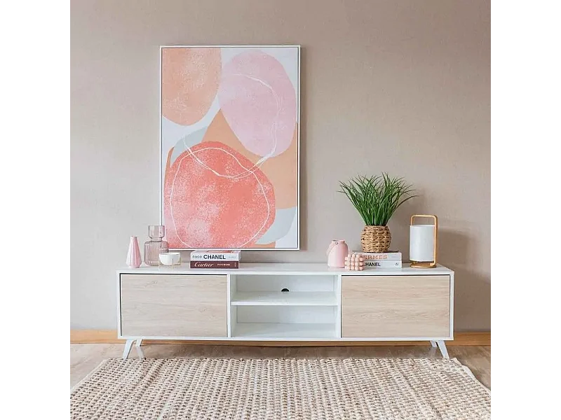 Mueble de TV de Diseño Nórdico + 2 Estantes, 2 Compartimentos de Almacenamiento y 2 Puertas,Cambrian-Blanco, 49cm(Alto) x 180cm (Ancho) x 40cm (Fondo)