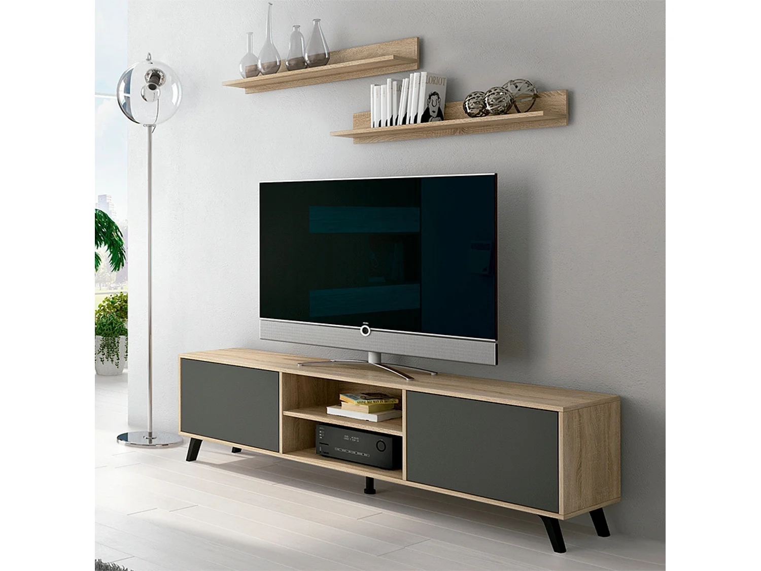 Mueble de TV de Diseño Nórdico + 2 Estantes, 2 Compartimentos de Almacenamiento y 2 Puertas,Cambrian-Negro, 49cm(Alto) x 180cm (Ancho) x 40cm (Fondo)