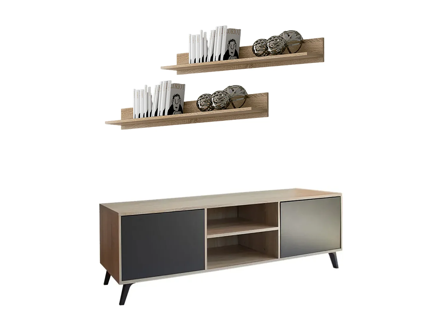 Mueble de TV de Diseño Nórdico + 2 Estantes, 2 Compartimentos de Almacenamiento y 2 Puertas,Cambrian-Negro, 49cm(Alto) x 180cm (Ancho) x 40cm (Fondo)