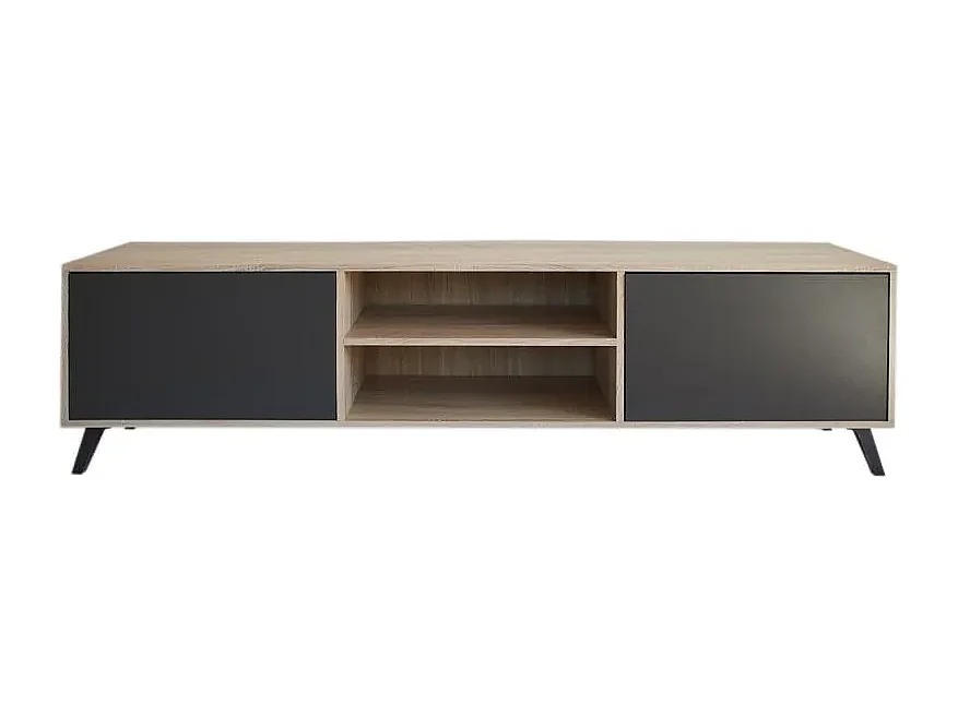 Mueble de TV de Diseño Nórdico + 2 Estantes, 2 Compartimentos de Almacenamiento y 2 Puertas,Cambrian-Negro, 49cm(Alto) x 180cm (Ancho) x 40cm (Fondo)