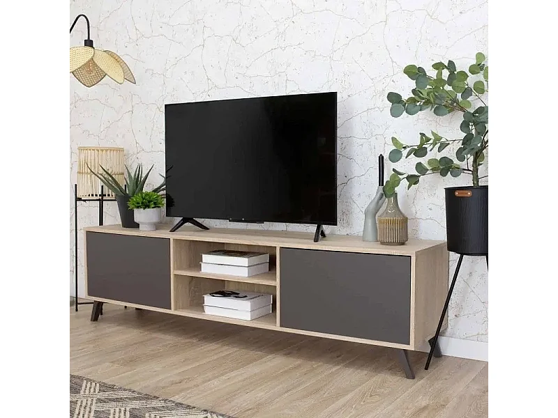 Mueble de TV de Diseño Nórdico + 2 Estantes, 2 Compartimentos de Almacenamiento y 2 Puertas,Cambrian-Negro, 49cm(Alto) x 180cm (Ancho) x 40cm (Fondo)