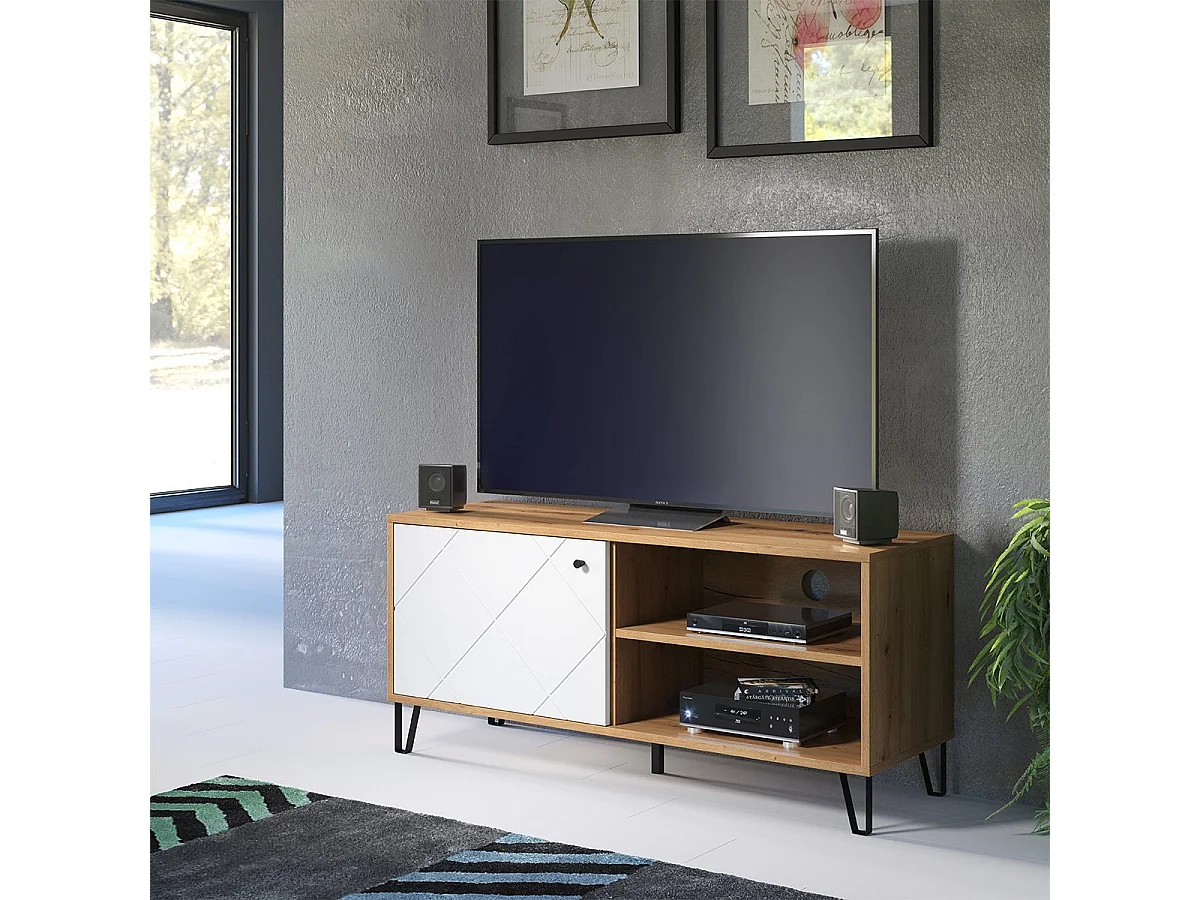 Mueble de TV Moderno | 1 Puerta con Relieves | Laminado Sintético y DM | Acabado en Roble y Blanco Mate | Medidas: 123.4 cm Ancho x 40 cm Fondo x 55.2