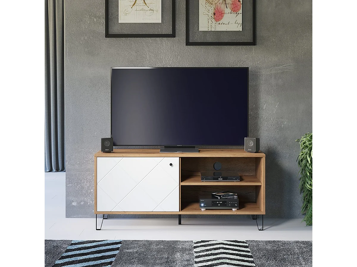 Mueble de TV Moderno | 1 Puerta con Relieves | Laminado Sintético y DM | Acabado en Roble y Blanco Mate | Medidas: 123.4 cm Ancho x 40 cm Fondo x 55.2